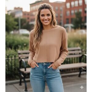 Free People Movement Women Medium Beige Ribbed Cropped Cutout Long Sleeve Tshirt
